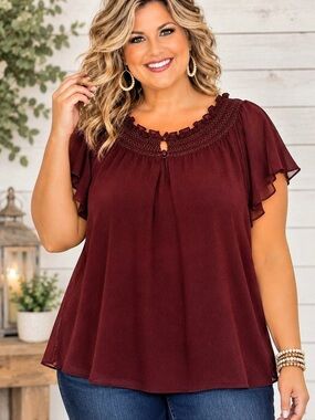 AVA & VIV Ruffle Sleeve Blouse in Burgundy Plus Size 2X